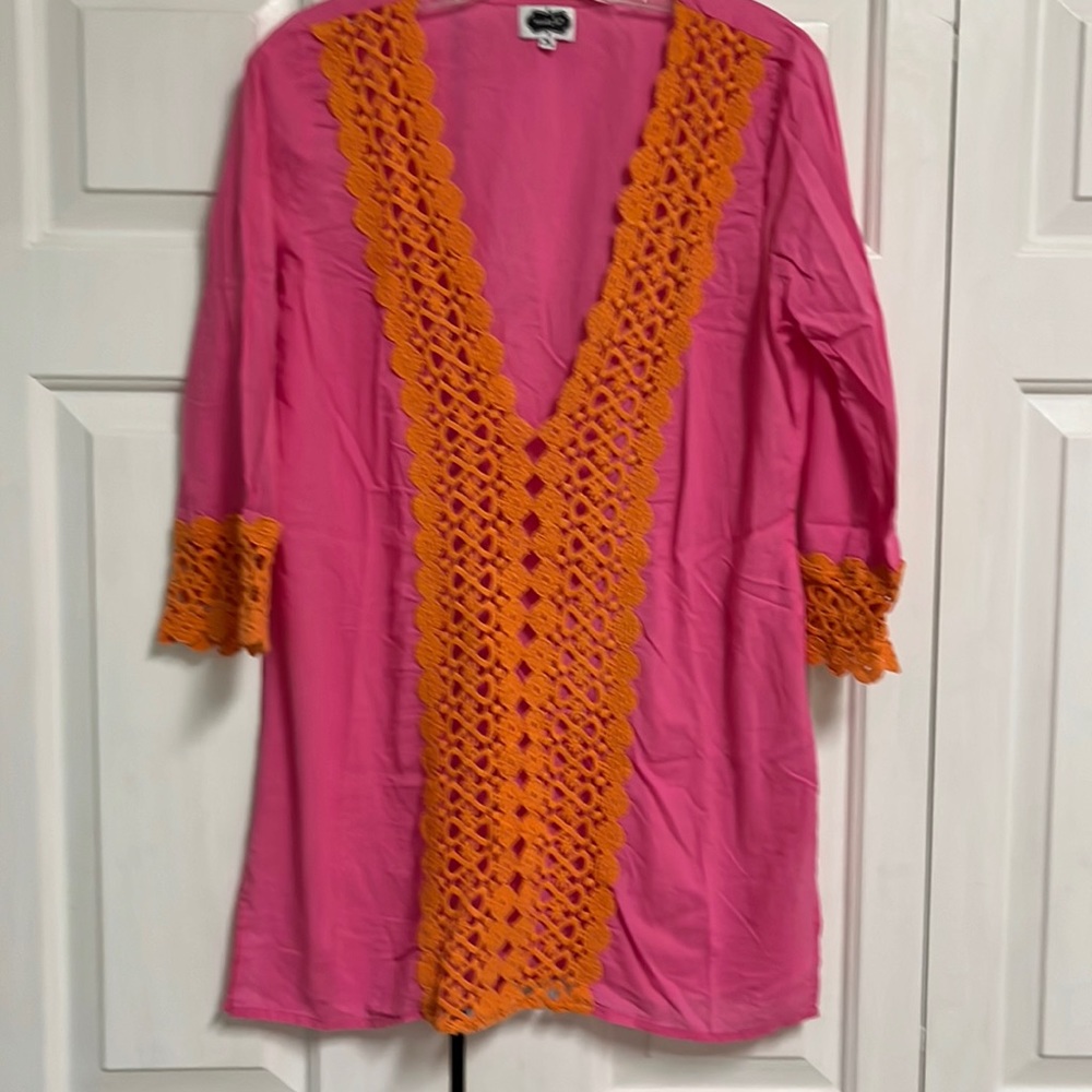 Mud Pie Pink With Orange Cotton Lace Detail coverup Size M